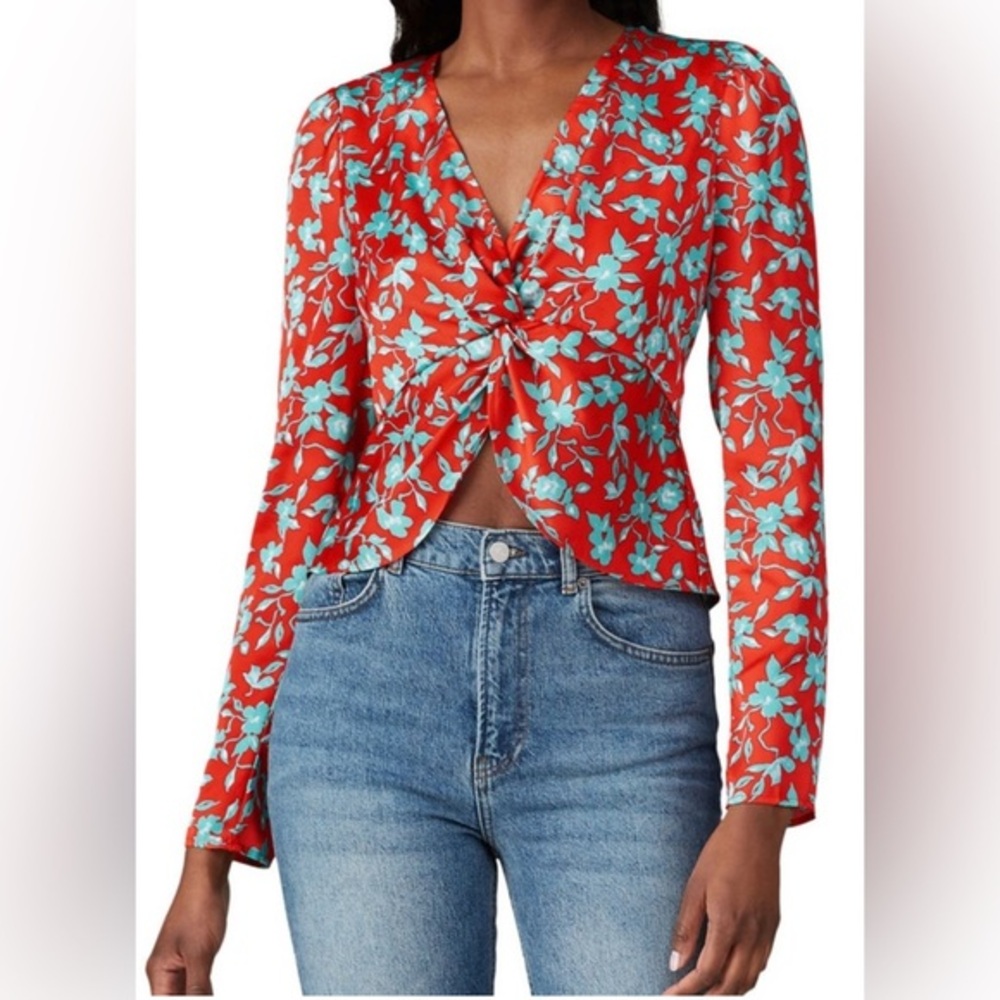 Love, Whit Silky Floral Long Sleeve Crop‎ Top in Red and Teal Blue - S